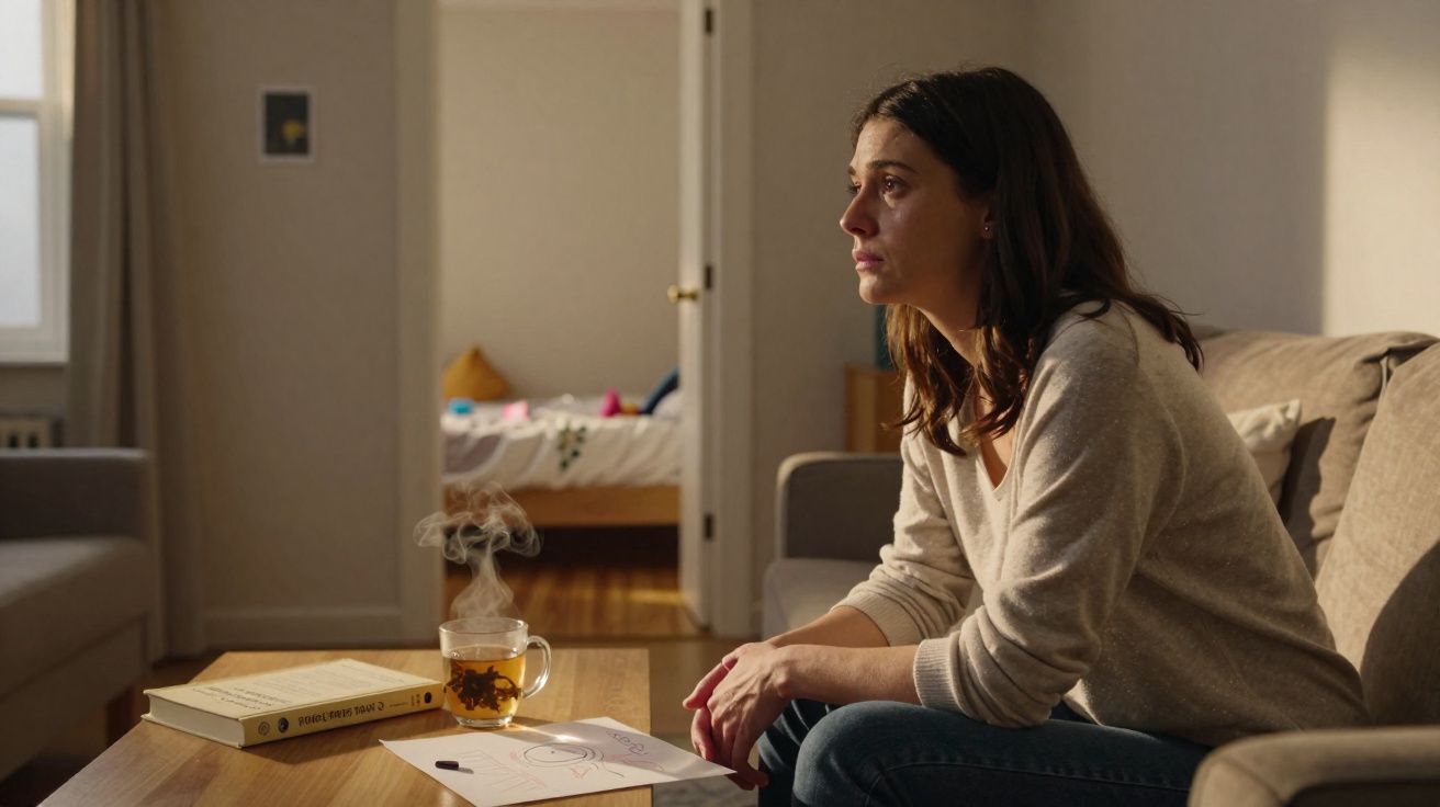 Mulher sentada no sofá a olhar para frente, com chá e livros numa mesa de centro numa sala iluminada.