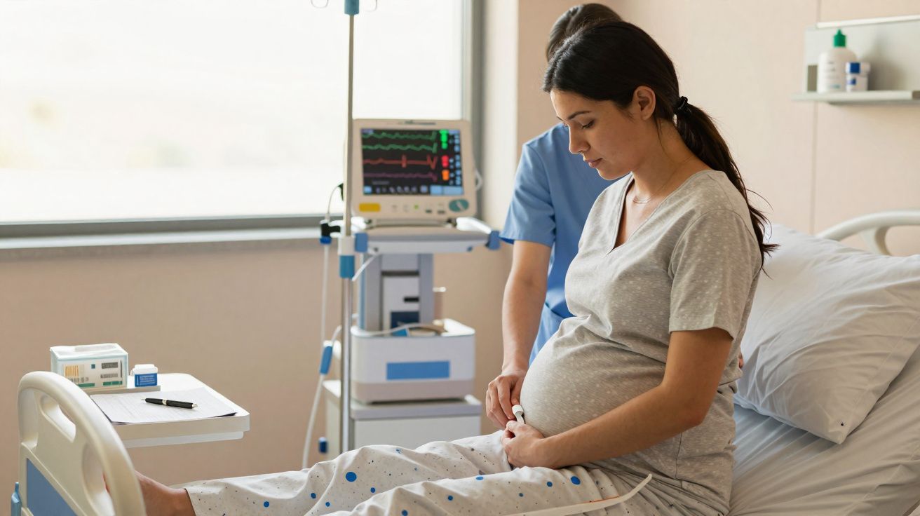 Mulher grávida sentada na cama de hospital, acompanhada por profissional de saúde ao fundo.