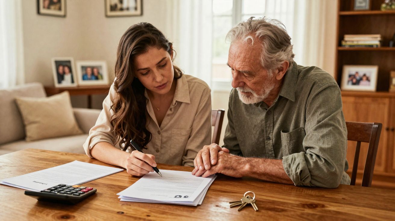 Mulher ajuda homem idoso a preencher documentos sentados à mesa com calculadora e chaves em cima.