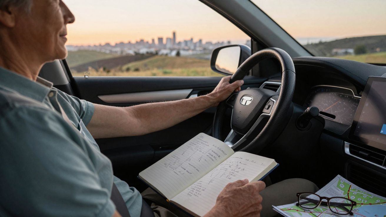 Homem a conduzir carro com caderno aberto no volante, visor e mapa visíveis ao lado, ao pôr do sol.