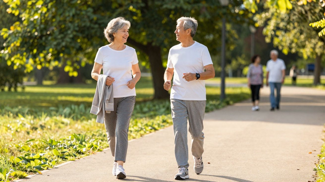 Casal sénior a caminhar e conversar num parque com árvores e vegetação ao redor em dia soalheiro.
