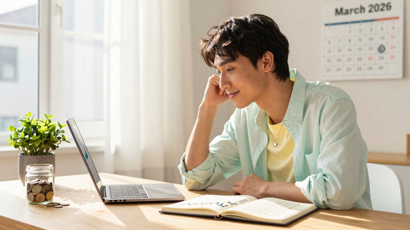 Pessoa jovem a sorrir enquanto estuda com computador e caderno numa sala iluminada por luz natural.