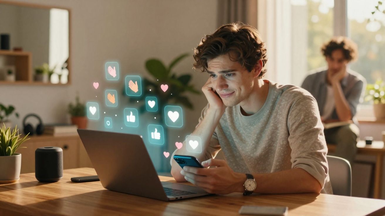 Jovem preocupado vê mensagens e likes virtuais enquanto usa telemóvel e computador numa sala iluminada.