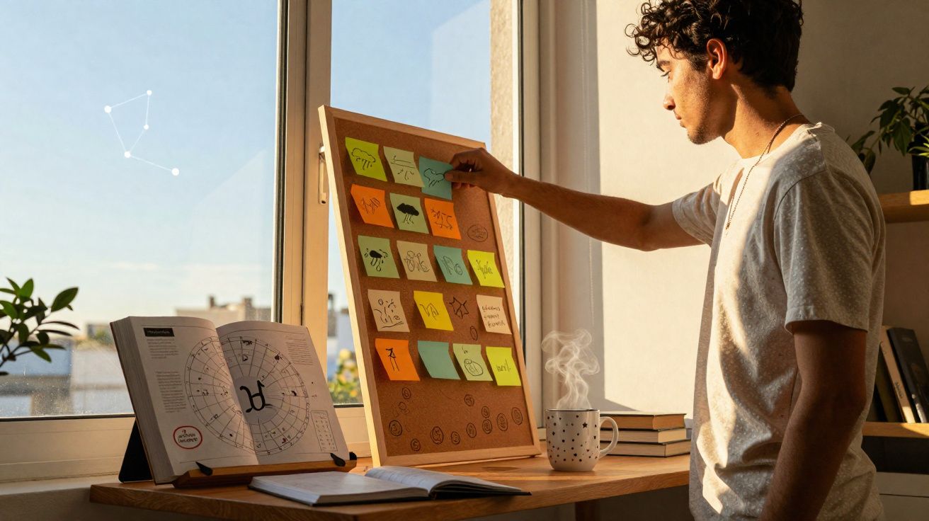 Homem a organizar notas coloridas num quadro de cortiça junto a secretária com livros, caneca e janela ao nascer do sol.