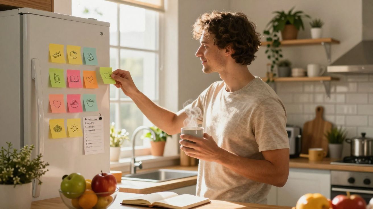 Homem numa cozinha a ler notas coloridas coladas no frigorífico enquanto segura uma caneca fumegante.
