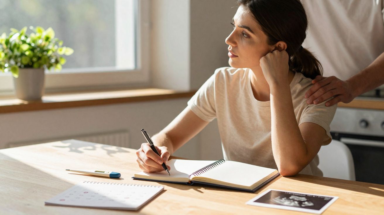 Mulher pensativa a escrever num caderno enquanto recebe apoio ao ombro numa mesa com calendário e ecografia.