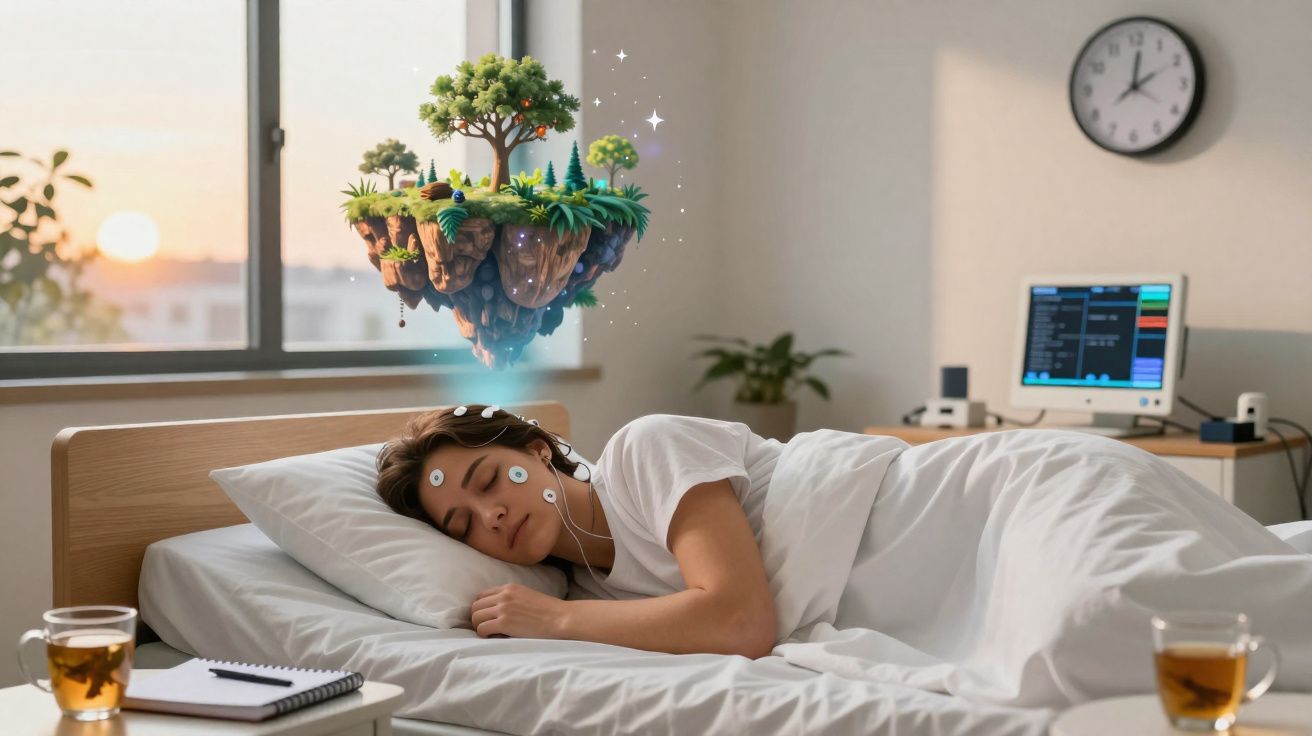 Pessoa a dormir num quarto com eletrodos no rosto e um cenário imaginário flutuante de natureza acima da cabeça.