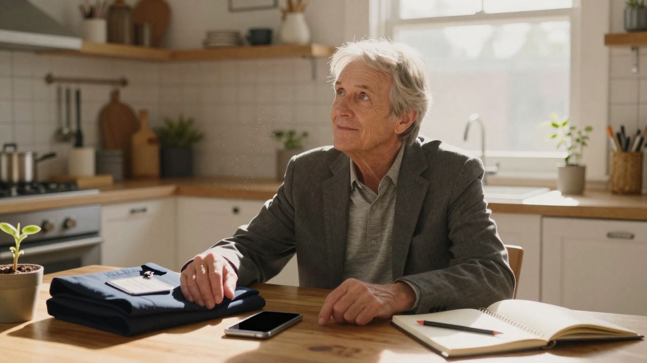 Homem idoso sentado à mesa com caderno, telemóvel e roupa dobrada numa cozinha iluminada.