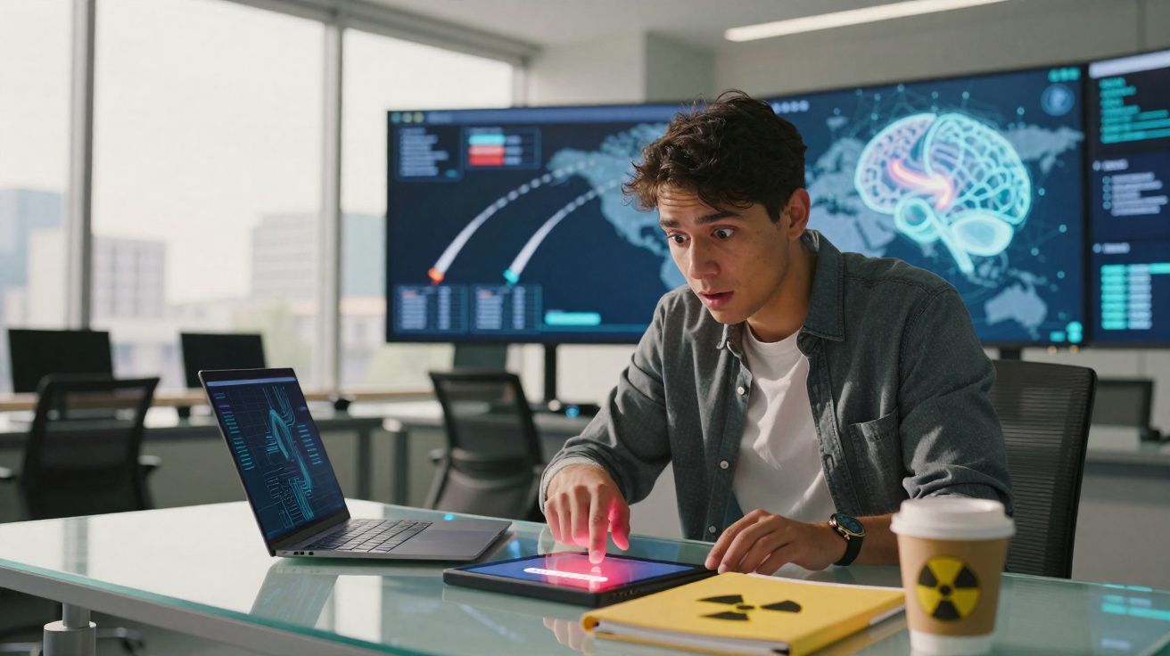 Homem pequeno debruçado sobre mesa manipula imagem digital de cérebro num tablet, com laptop e gráfico ao fundo.