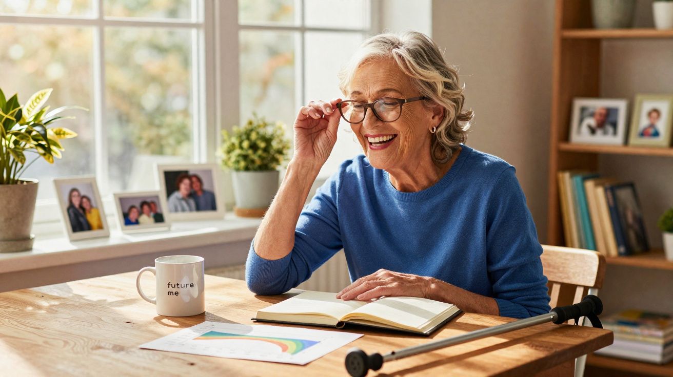 Mulher idosa sorridente a ler um livro sentada à mesa com caneca, planta e imagens desfocadas ao fundo.