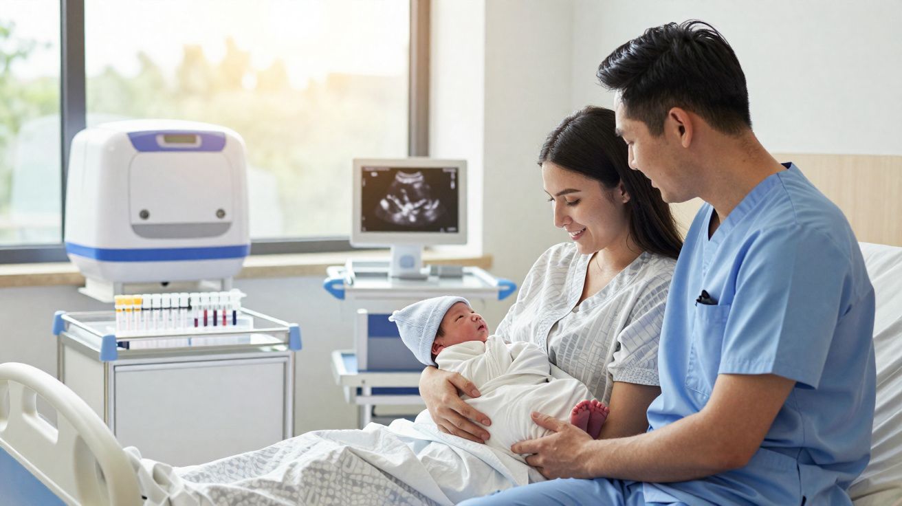 Mãe no hospital a segurar recém-nascido ao colo com médico ao lado e equipamento médico ao fundo.