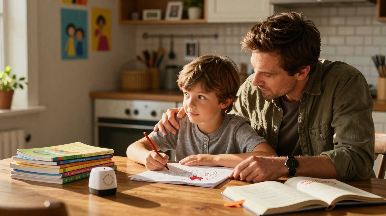 Pai ajuda filho a fazer trabalhos de casa na cozinha, com livros e caderno numa mesa de madeira.