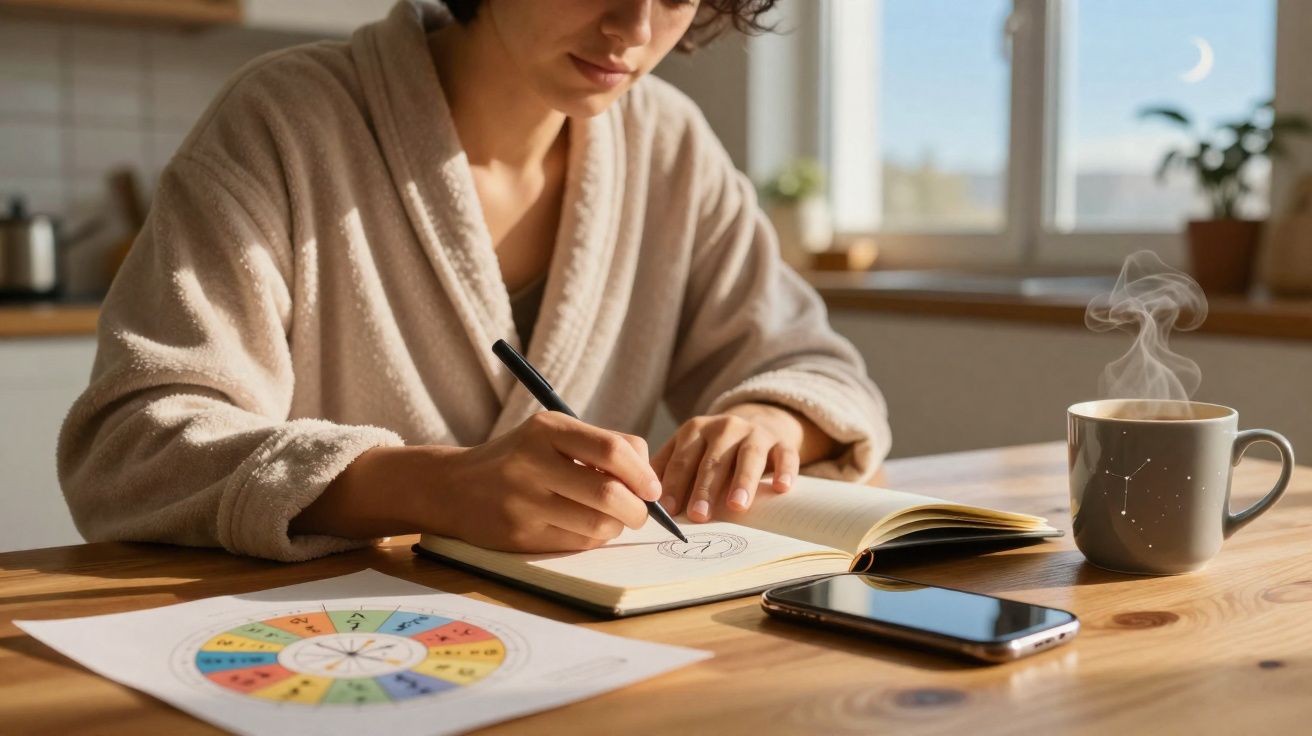 Pessoa a desenhar num caderno, com calendário e chá quente numa mesa de madeira junto a uma janela iluminada.