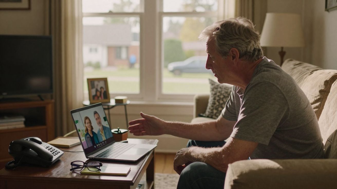 Homem sentado no sofá a conversar por videochamada com duas pessoas num portátil numa sala iluminada.