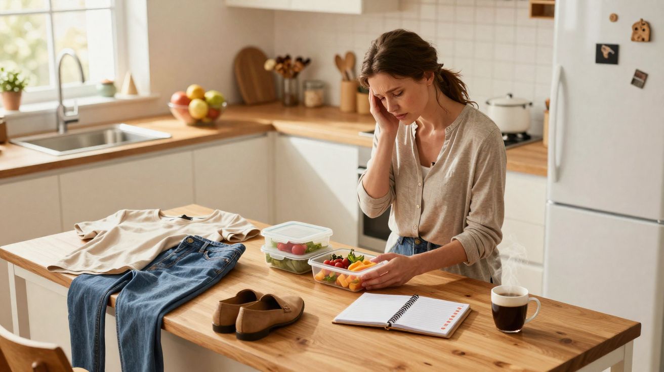 Mulher pensativa a olhar para frutas num recipiente sentado numa cozinha moderna com roupa e caderno na mesa.