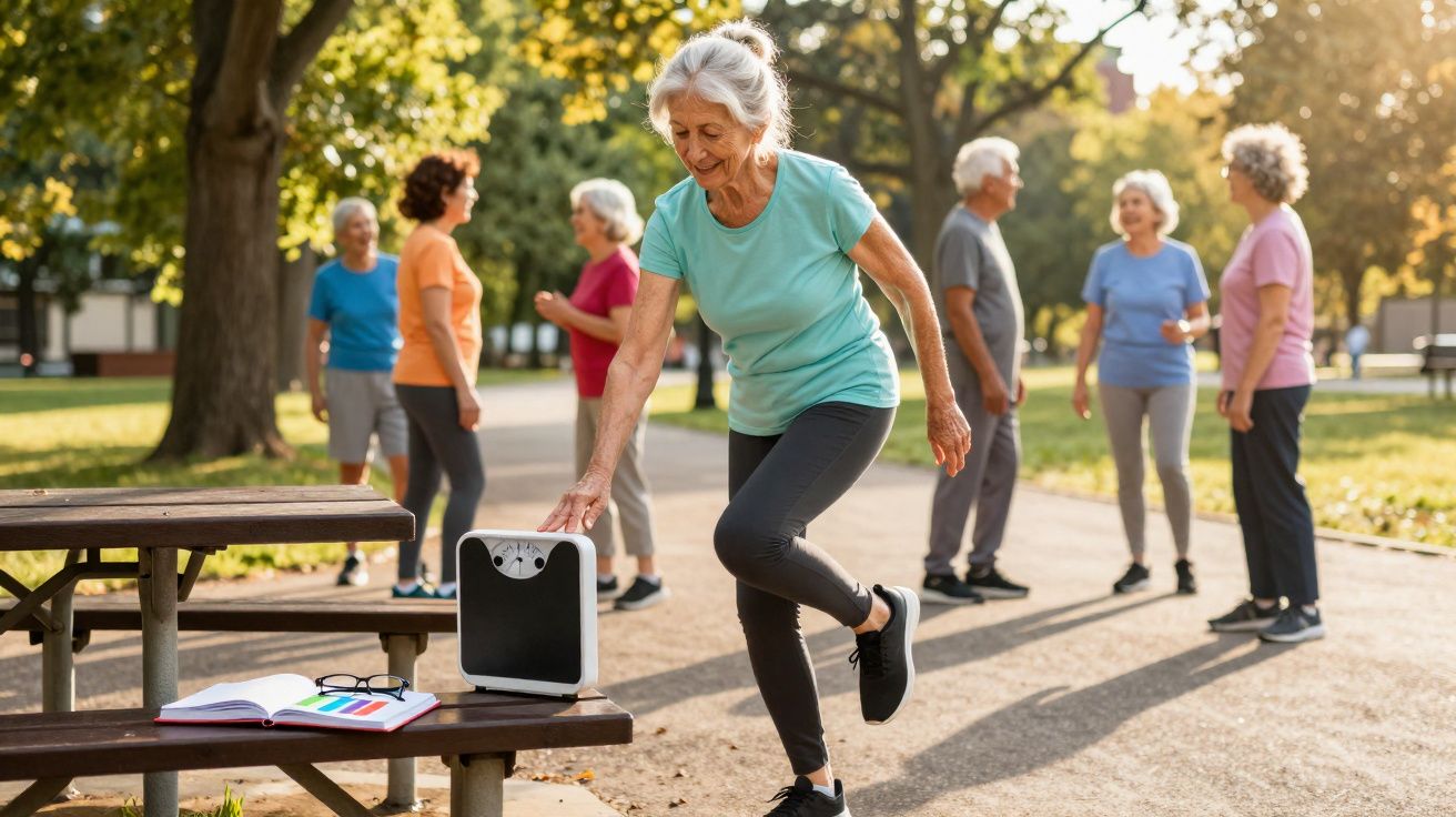 Grupo de idosos a exercitar-se ao ar livre num parque durante o dia, com uma mulher a usar uma balança.