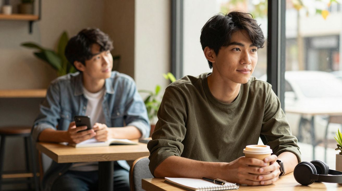 Dois jovens sentados em mesa de café, um segura chávena e olha pela janela, outro usa telemóvel.