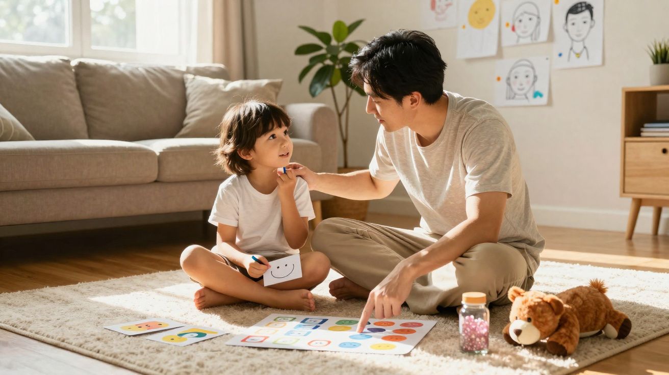 Pai e filho sentados no chão a jogar e aprender com cartas coloridas num ambiente acolhedor e iluminado.
