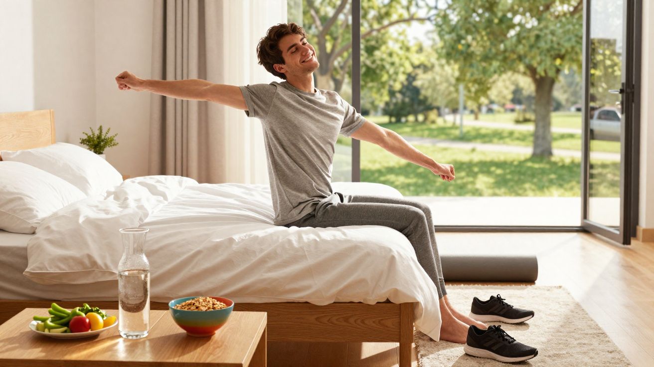 Homem sentado na cama a espreguiçar-se com sorriso, luz natural e janela aberta para jardim verde.