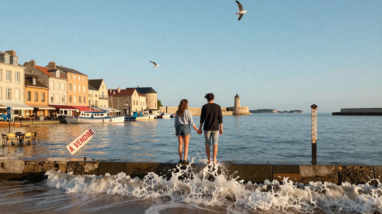 Casal de mãos dadas junto ao mar, com ondas a rebentar, gaivotas a voar e edifícios antigos ao fundo.