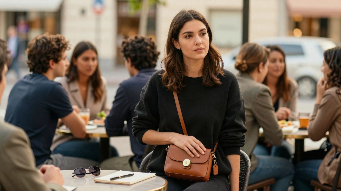 Mulher sentada numa esplanada com expressão pensativa, rodeada de outras pessoas a conversar.