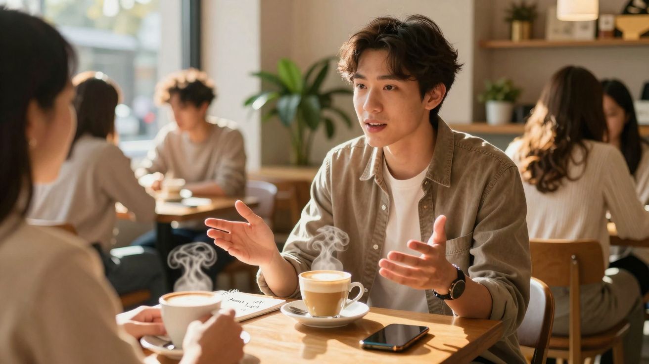 Dois jovens conversam animadamente numa cafetaria, com chá ou café quente à sua frente.