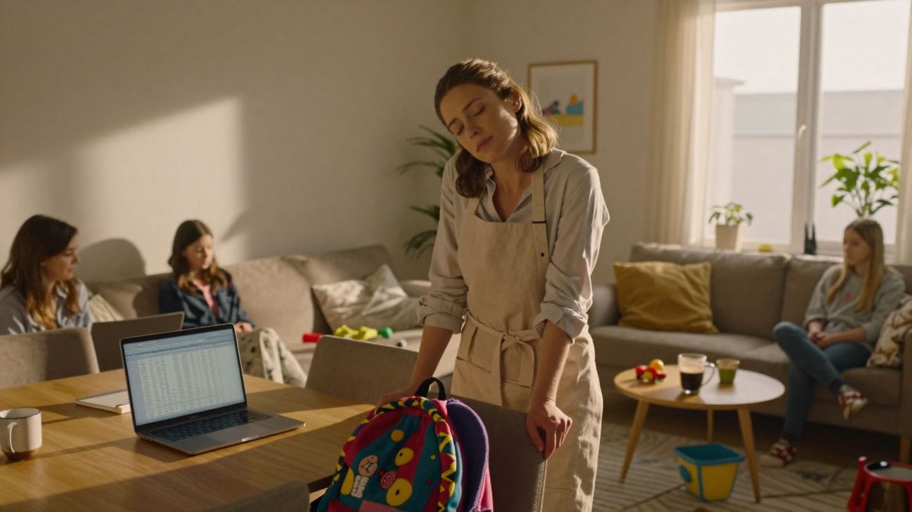 Mulher cansada a descansar encostada numa cadeira numa sala com outras três mulheres sentadas e laptop numa mesa.