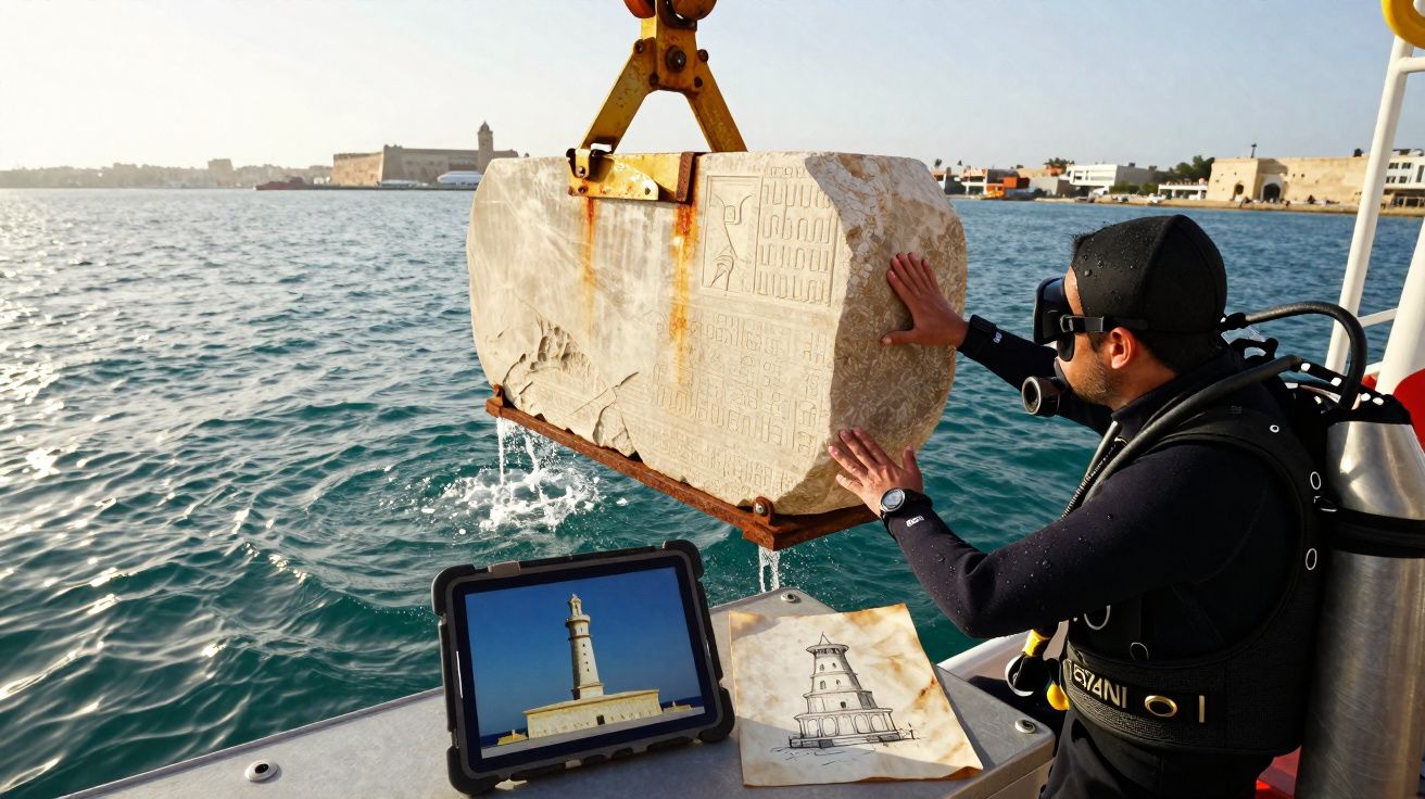 Mergulhador ajuda na recuperação de bloco de pedra com hieróglifos, junto ao mar, com desenhos e tablet à sua frente.