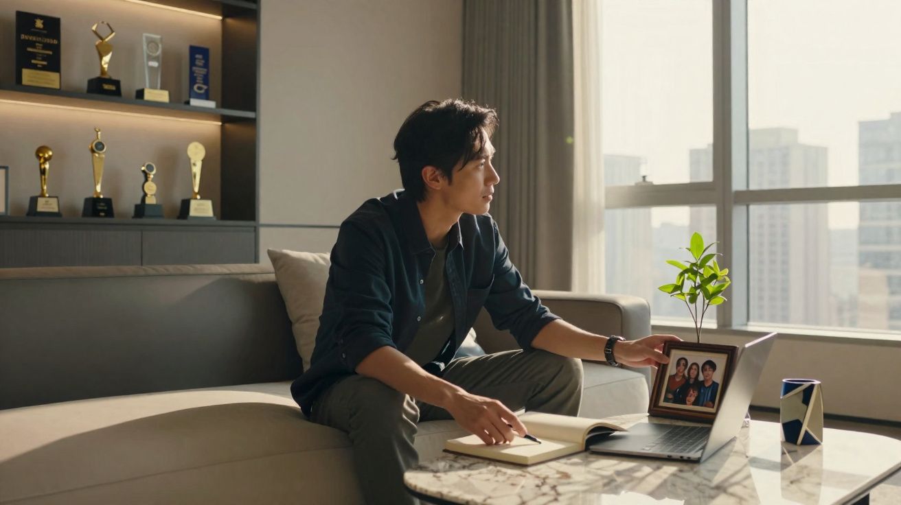 Homem sentado no sofá com caderno e portátil, olhando para uma fotografia de família junto à janela.