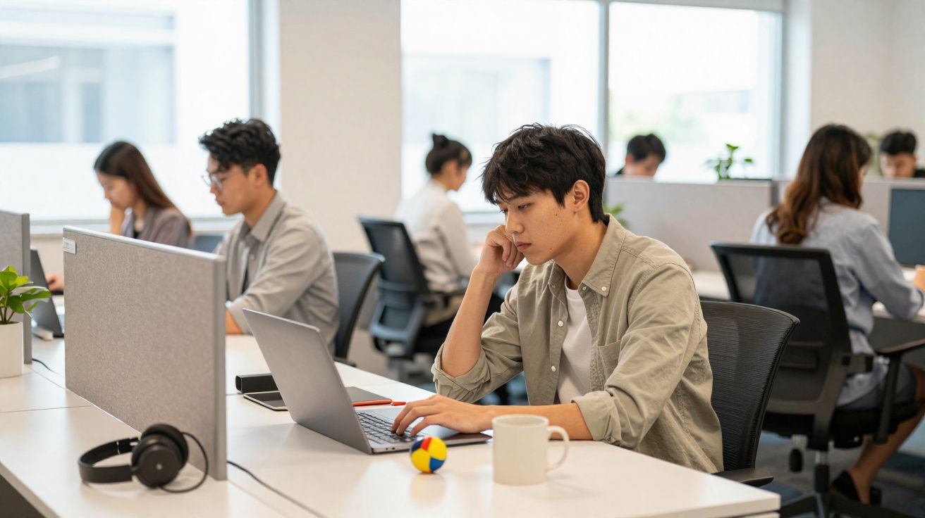 Jovem a trabalhar num escritório moderno, focado no computador portátil, com colegas ao fundo.