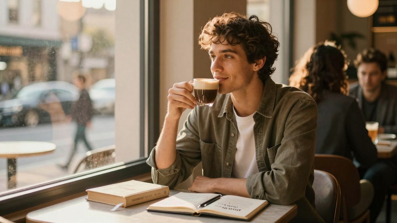 Jovem sentado junto à janela de uma cafetaria, a beber café e a ler um livro aberto na mesa.