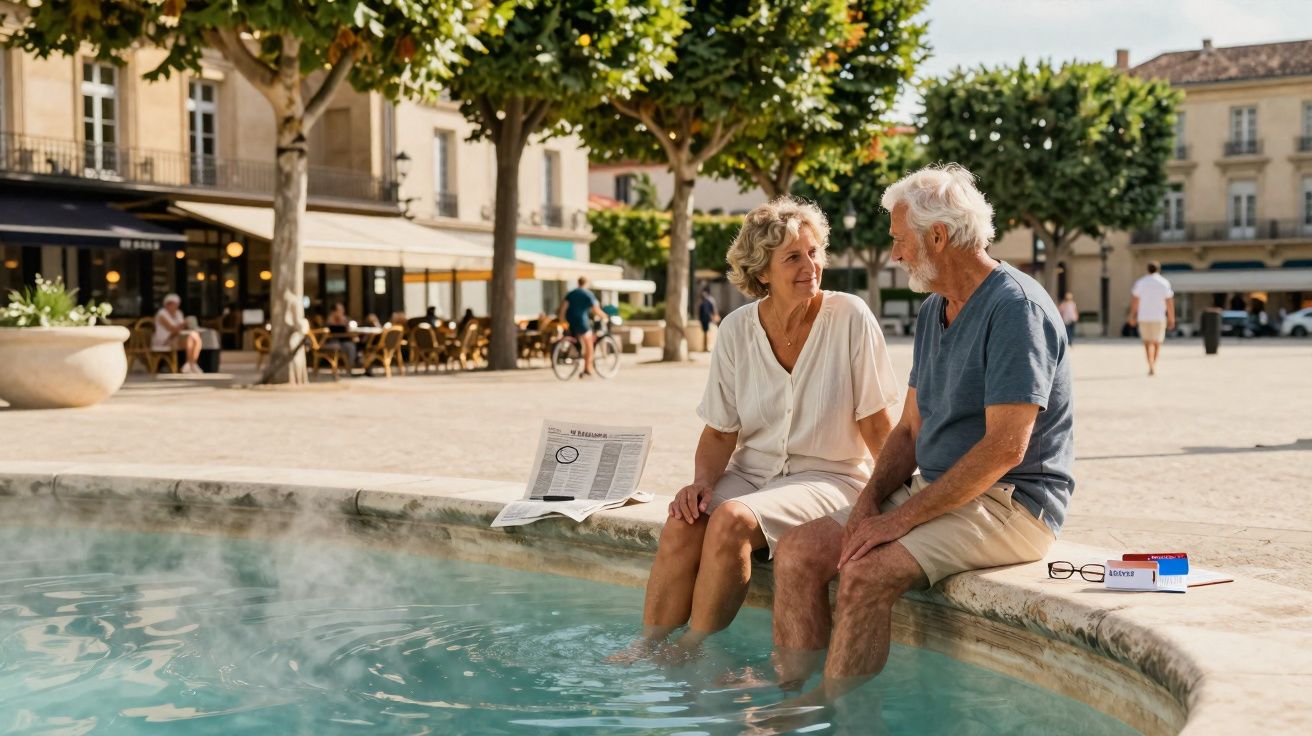 Casal sénior sentado na borda de uma fonte numa praça, com pés na água e conversando alegremente.