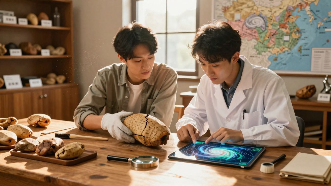 Dois jovens estudam um objeto científico e imagens digitais numa sala iluminada e decorada.