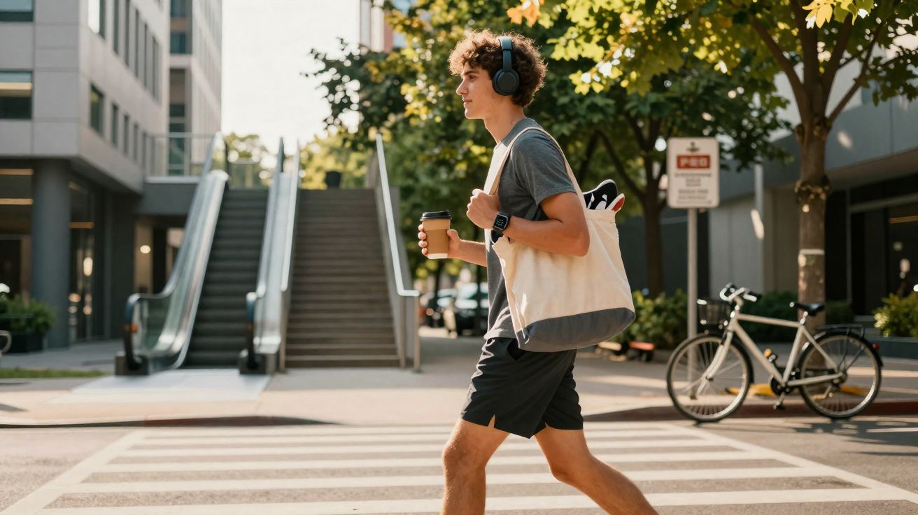 Jovem com auriculares e saco ao ombro a atravessar passadeira urbana segurando um café para viagem.