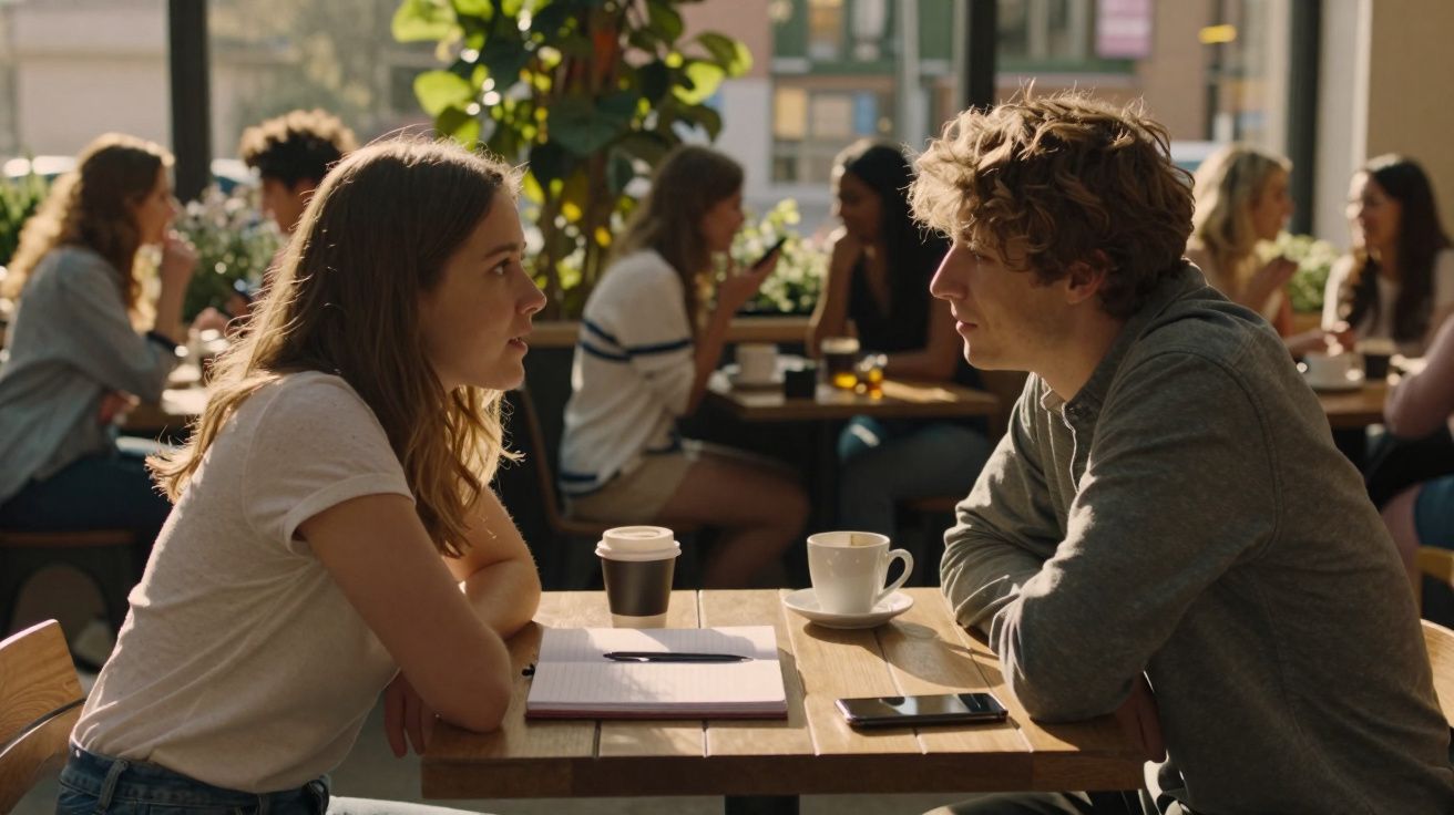 Jovem homem e mulher conversam sentados à mesa num café com outras pessoas ao fundo.