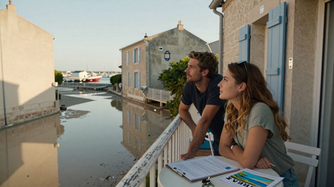 Casal observa o canal numa varanda de casa, com documentos e livro sobre a mesa branca.