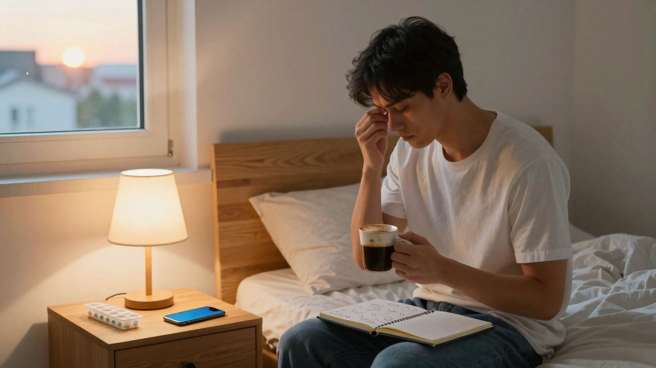 Homem sentado na cama com expressão preocupada, segurando uma chávena e um caderno, ao amanhecer.