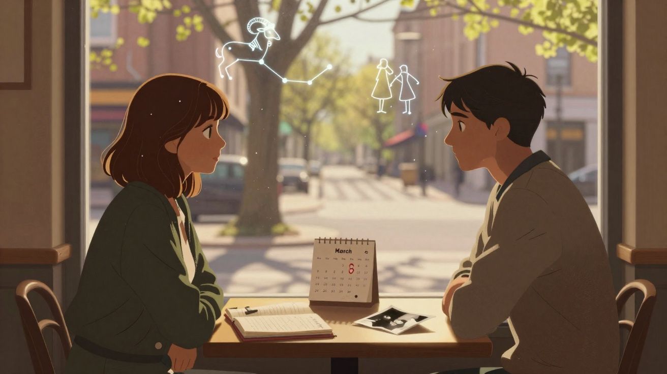 Casal jovem sentado frente a frente numa mesa de café, com desenhos de signos e figuras no ar.