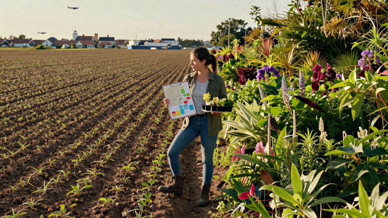 Mulher segurando plantas e plano junto a campo cultivado e área com várias plantas e flores.