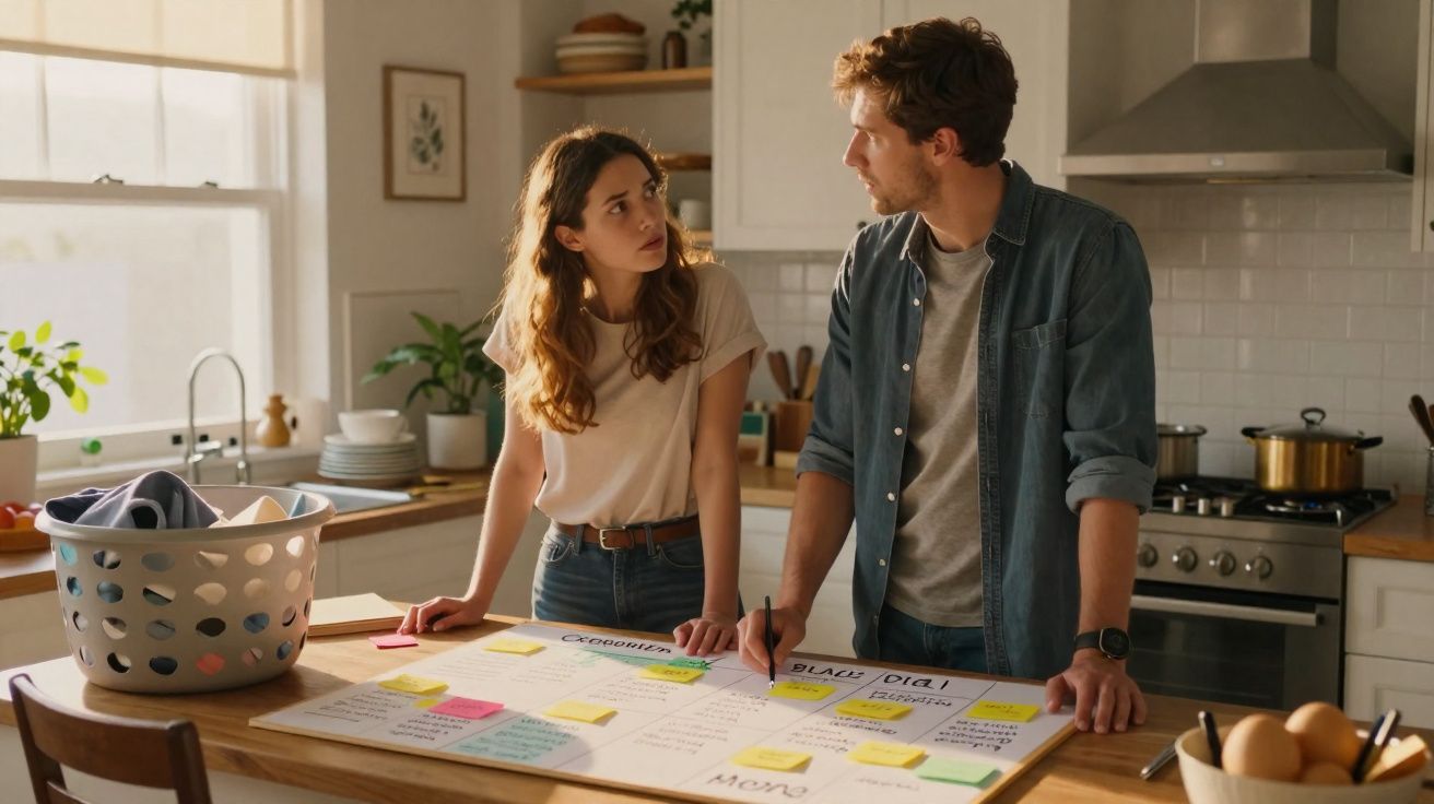 Casal jovem discute planejamento de tarefas domésticas na cozinha, com quadro e post-its sobre a mesa.