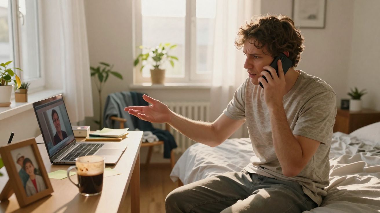 Homem sentado na cama fala ao telemóvel enquanto assiste a videochamada num computador portátil.