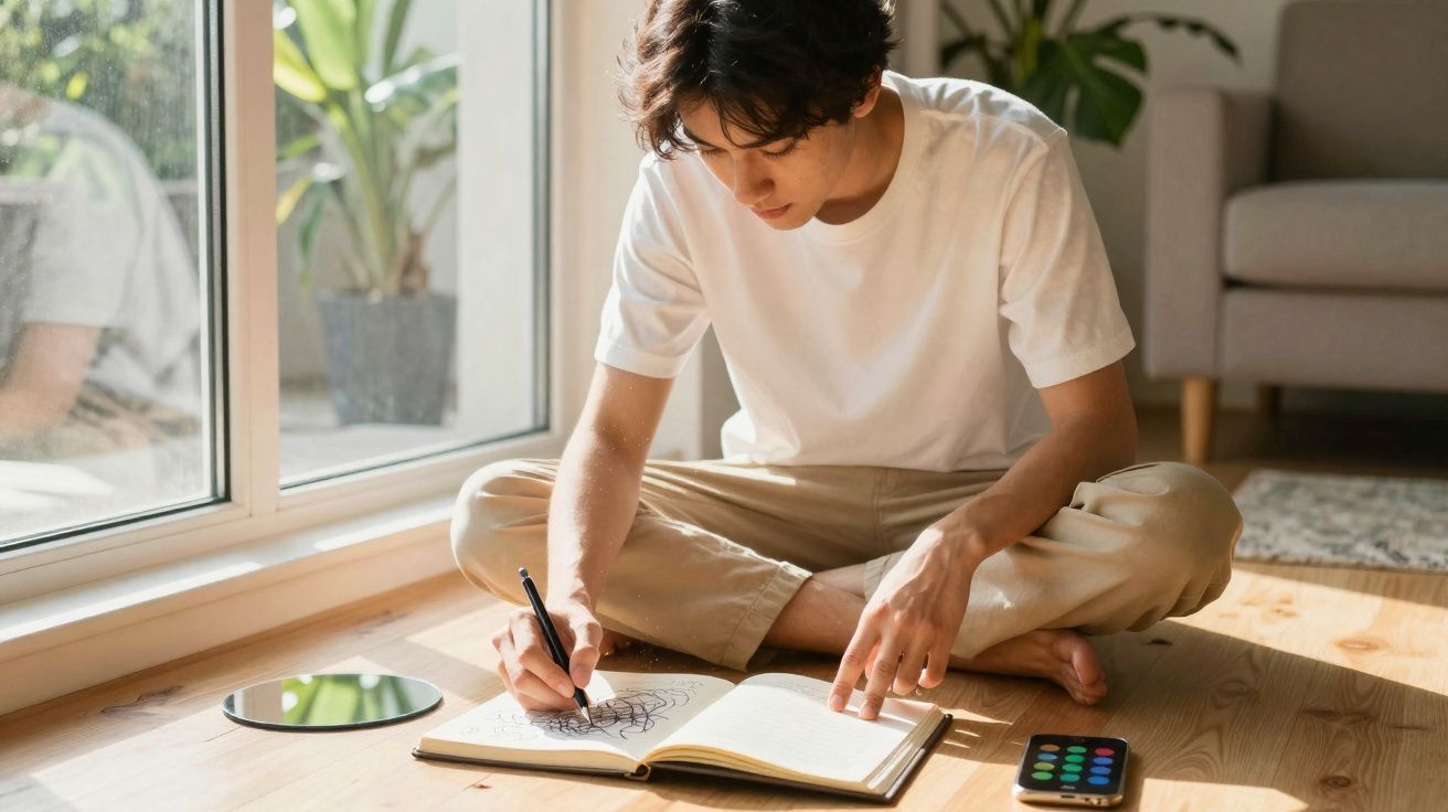 Homem sentado no chão a desenhar num caderno junto a uma janela com luz natural e smartphone ao lado.
