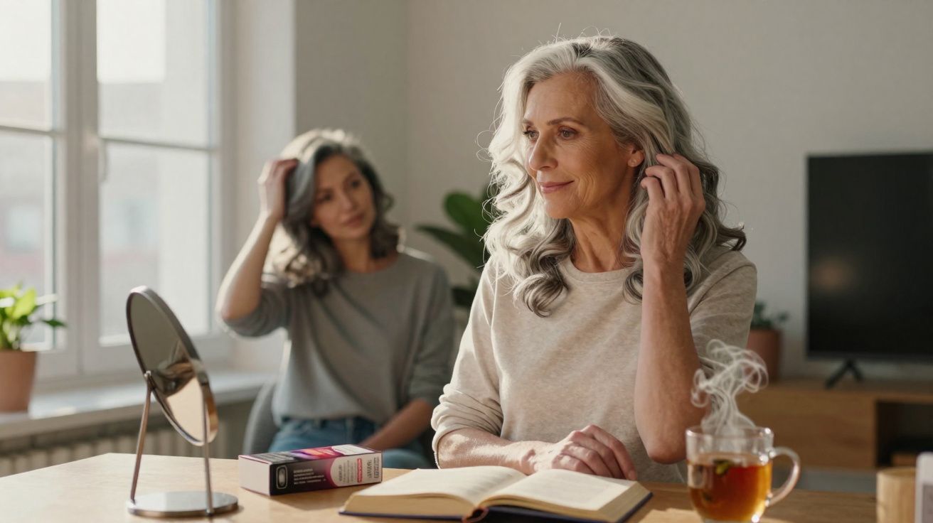 Duas mulheres de meia-idade com cabelo grisalho numa sala, uma lê e outra está ao fundo junto à janela.