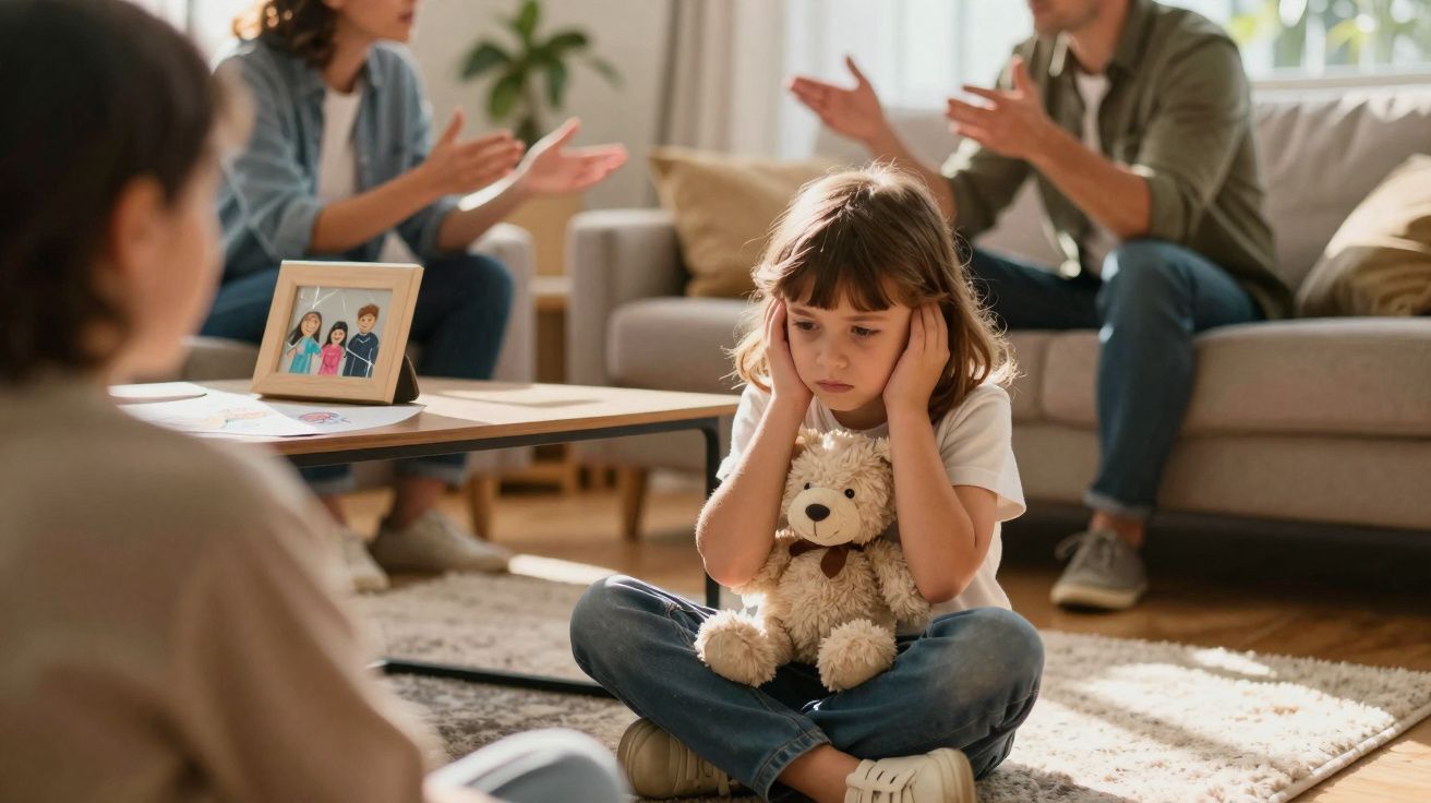 Criança sentada no chão a tapar os ouvidos enquanto adultos discutem no sofá ao fundo.