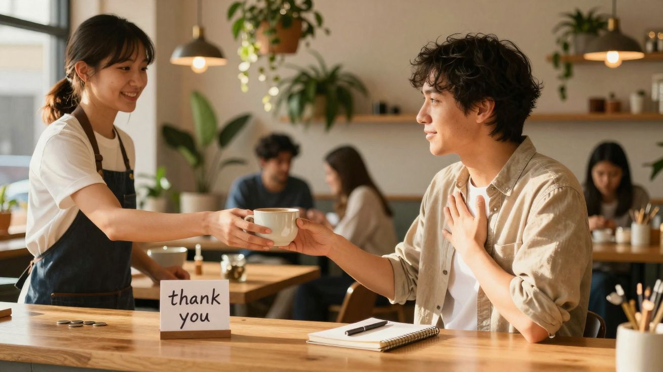 Cliente a receber uma chávena de café de uma empregada sorridente num café acolhedor.