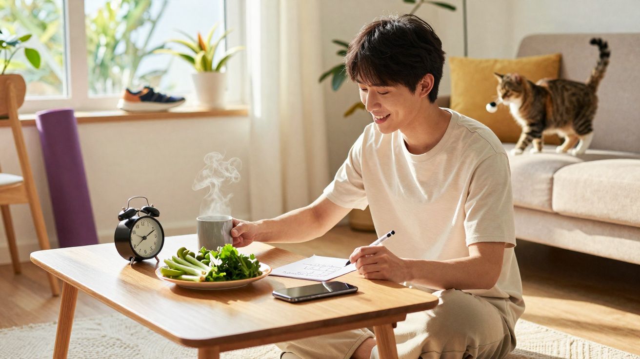 Homem sorridente sentado junto a uma mesa baixa com chá quente, legumes, nota e gato no sofá ao fundo.
