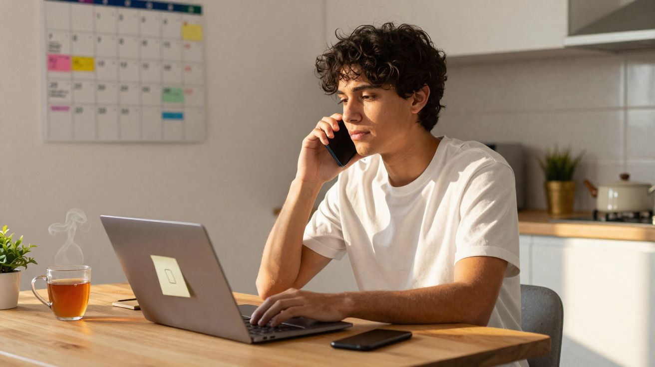 Homem jovem a falar ao telefone enquanto usa computador portátil numa cozinha luminosa.