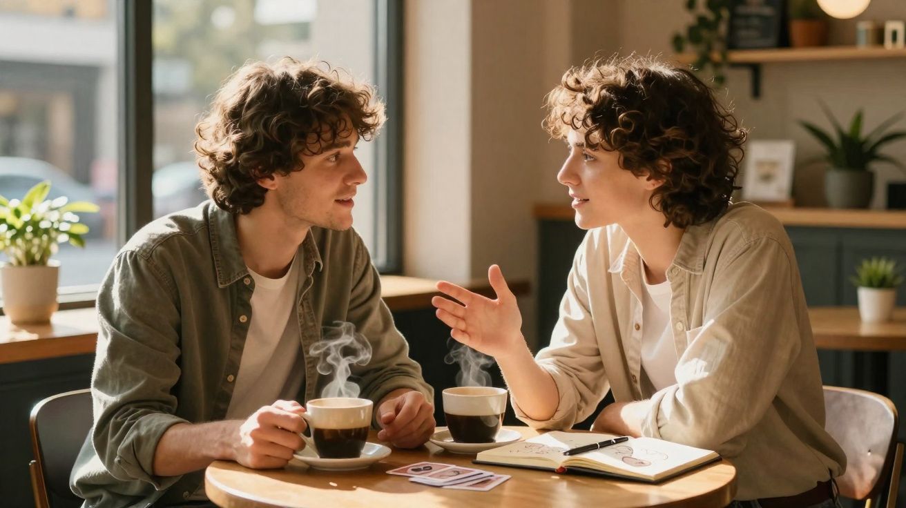 Duas pessoas conversam numa cafetaria, cada uma com uma chávena de café fumegante à frente.