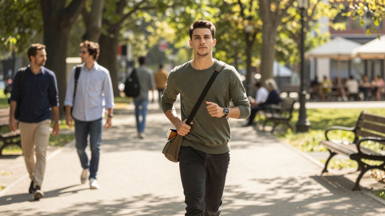 Homem jovem com camisola verde e mochila a andar num parque ensolarado com outras pessoas ao fundo.