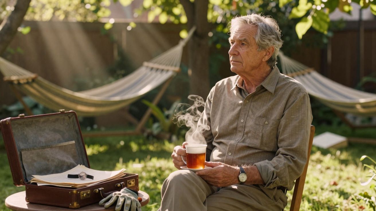 Homem idoso sentado no jardim a beber chá quente, com mala aberta e redes ao fundo.